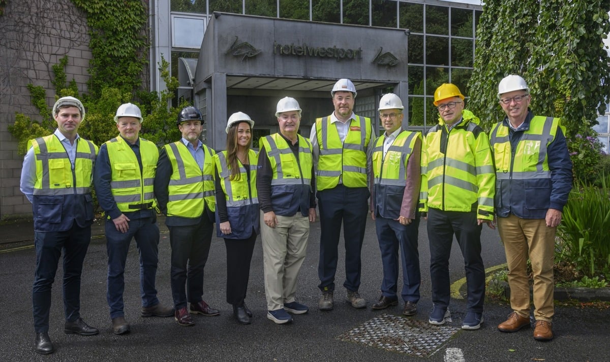 Pictured at the unveiling of the plans were, from left: Cathal J Hughes, Director Hotel, Westport; Niall Taylor, Director, Taylor McCarney Architects; Michael Moore, Associate Director, Taylor McCarney Architects; Maire Hughes, Director Hotel, Westport; Cathal Hughes, Director, Hotel Westport; Paul Stewart, Director, Stewart Construction; Barry O’Connor, Director, Hotel Westport; Owen Hughes, Director Hotel, Westport and Harry Hughes, Director, Hotel Westport.